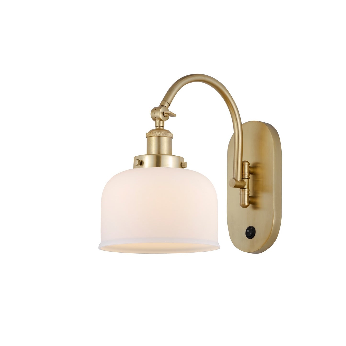 Innovations Bell 8in 1-Light Swing Arm Sconce | Industrial Satin Gold Steel and Matte White Frosted Glass | Bedroom & Living Room | Model 918-1W-SG-G71