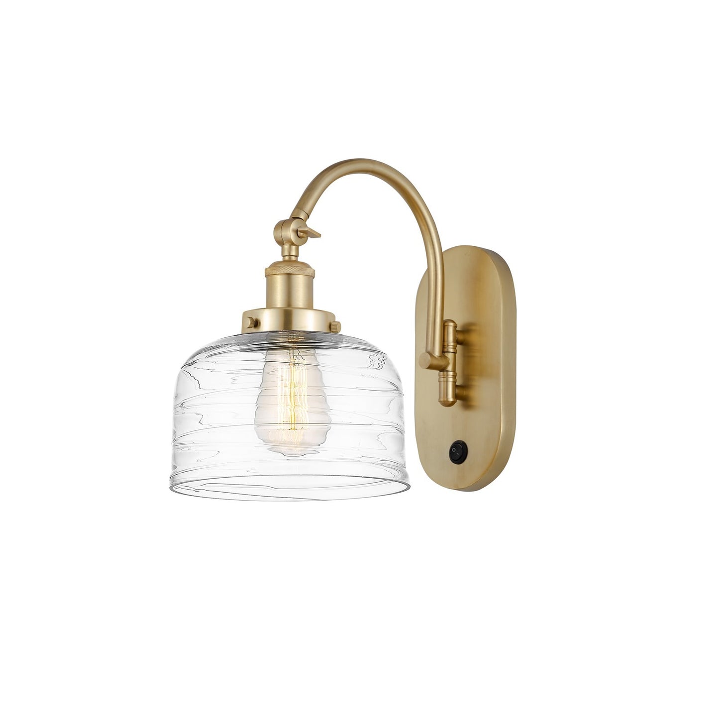 Innovations Bell 8in 1-Light Swing Arm Sconce | Industrial Satin Gold Steel and Clear Deco Swirl Glass | Bedroom & Living Room | Model 918-1W-SG-G713-LED