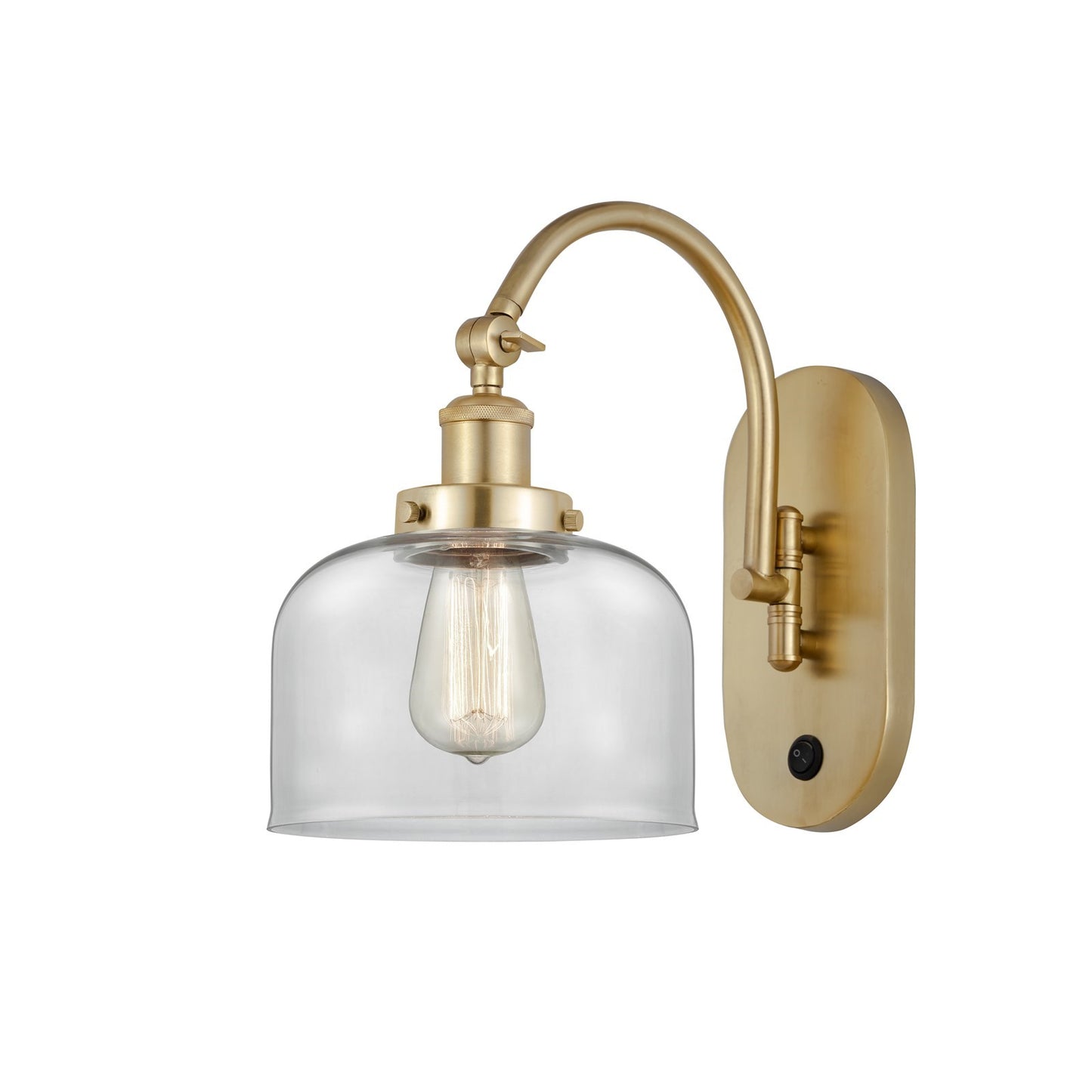 Innovations Bell 8in 1-Light Swing Arm Lamp | Industrial Farmhouse Satin Gold Steel and Clear Glass | Bedroom Reading & Living Room | Model 918-1W-SG-G72