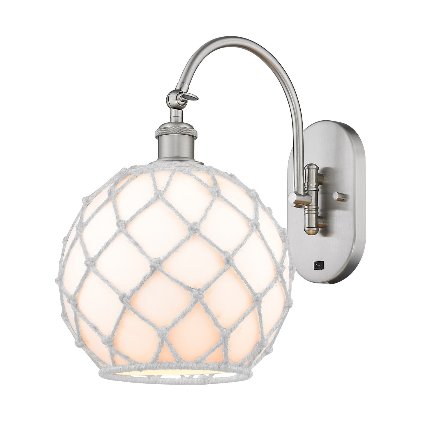 Innovations Farmhouse Rope 10in 1-Light Wall Sconce | Industrial Brushed Satin Nickel and White Glass with White Rope | Model 918-1W-SN-G121-10RW