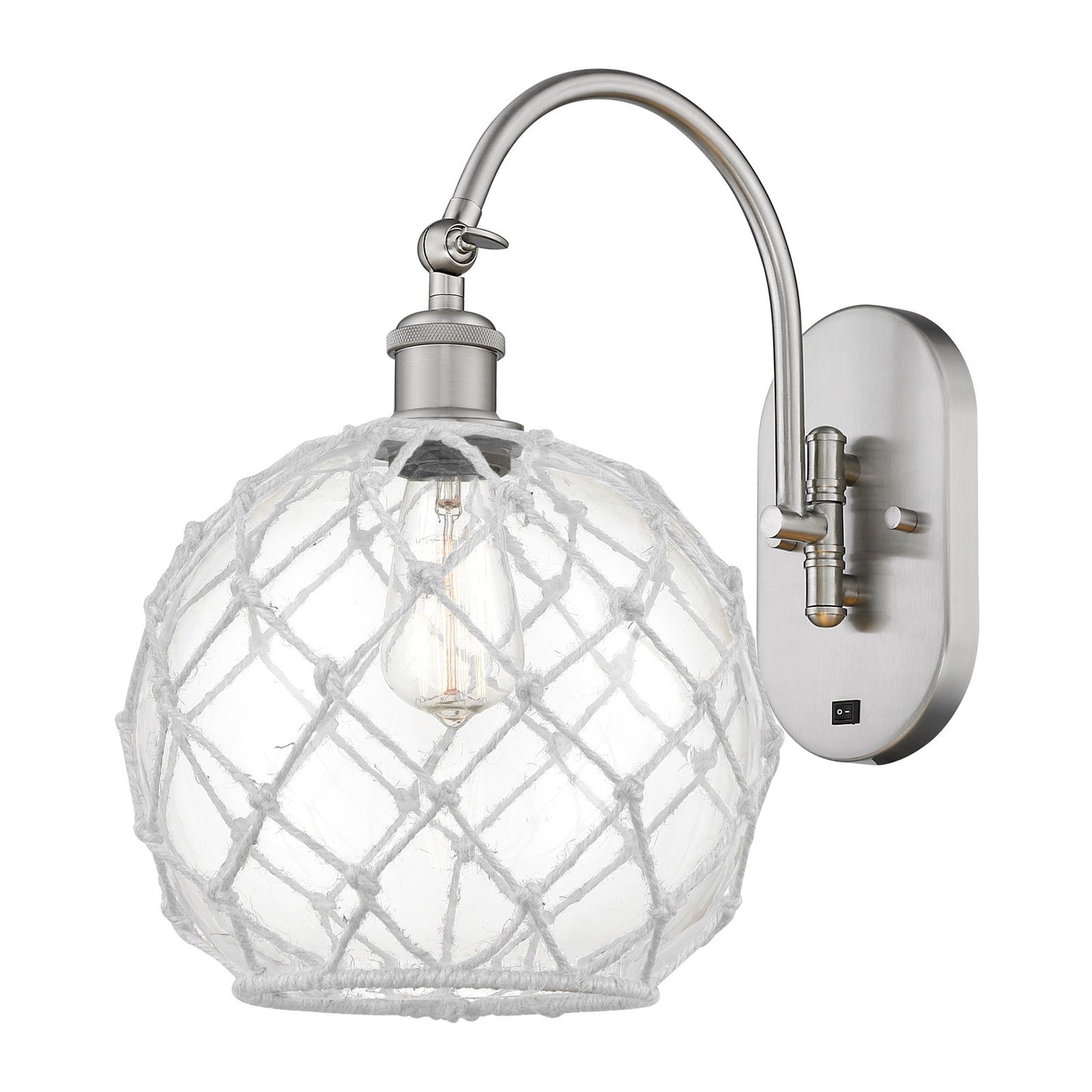 Innovations Farmhouse Rope 10in 1-Light Wall Sconce | Industrial Brushed Satin Nickel and Clear Glass with White Rope | Model 918-1W-SN-G122-10RW