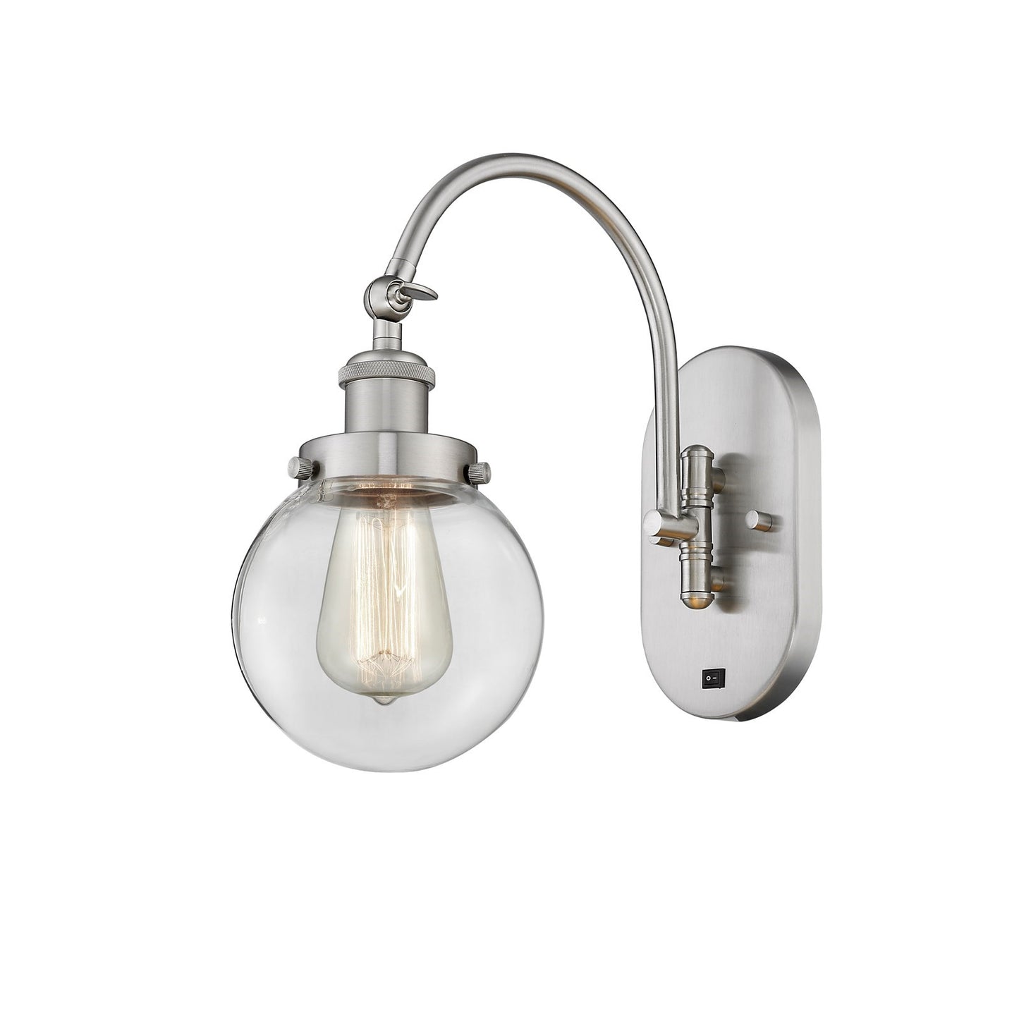 Innovations Beacon 6in 1-Light Swing Arm Wall Sconce | Industrial Brushed Satin Nickel Steel and Clear Glass | Bedroom & | Model 918-1W-SN-G202-6-LED