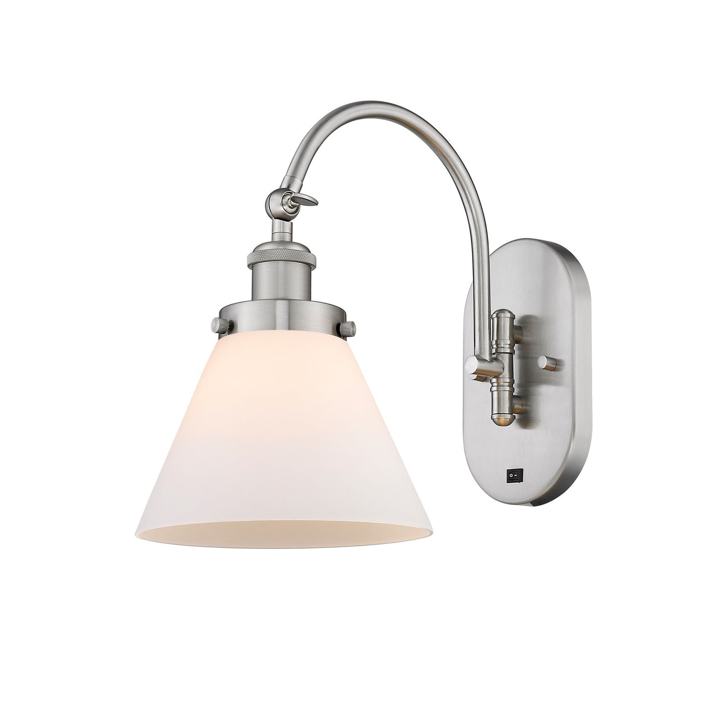 Innovations Cone 8in 1-Light Swing Arm Lamp | Industrial Brushed Satin Nickel Steel and Matte White Frosted Glass | Bedroom & Living | Model 918-1W-SN-G41