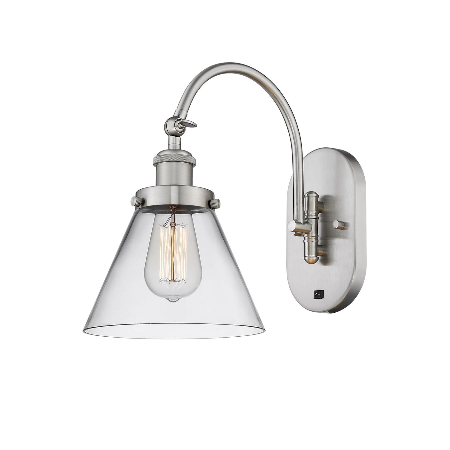 Innovations Cone 8in 1-Light Swing Arm Lamp | Industrial Brushed Satin Nickel Steel and Clear Glass | Bedroom Reading Light | Model 918-1W-SN-G42-LED
