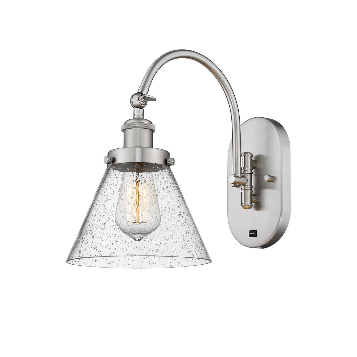 Innovations Cone 8in 1-Light Swing Arm Lamp | Industrial Brushed Satin Nickel Steel and Seedy Glass | Bedroom & Living Room | Model 918-1W-SN-G44-LED