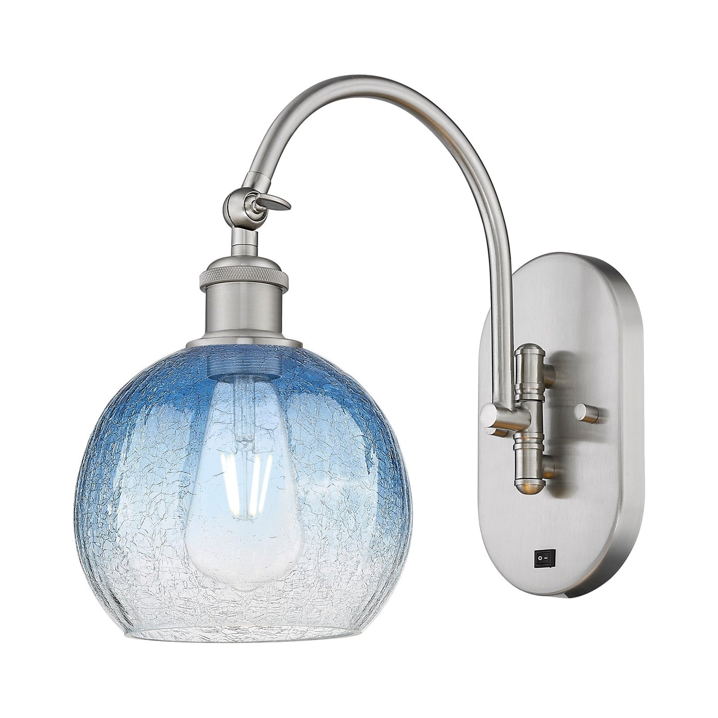 Innovations Brookhaven Globe 8in 1-Light Wall Sconce | Industrial Brushed Satin Nickel and Sapphire Blue Glass | Hallway & | Model 918-1W-SN-G483-8SB
