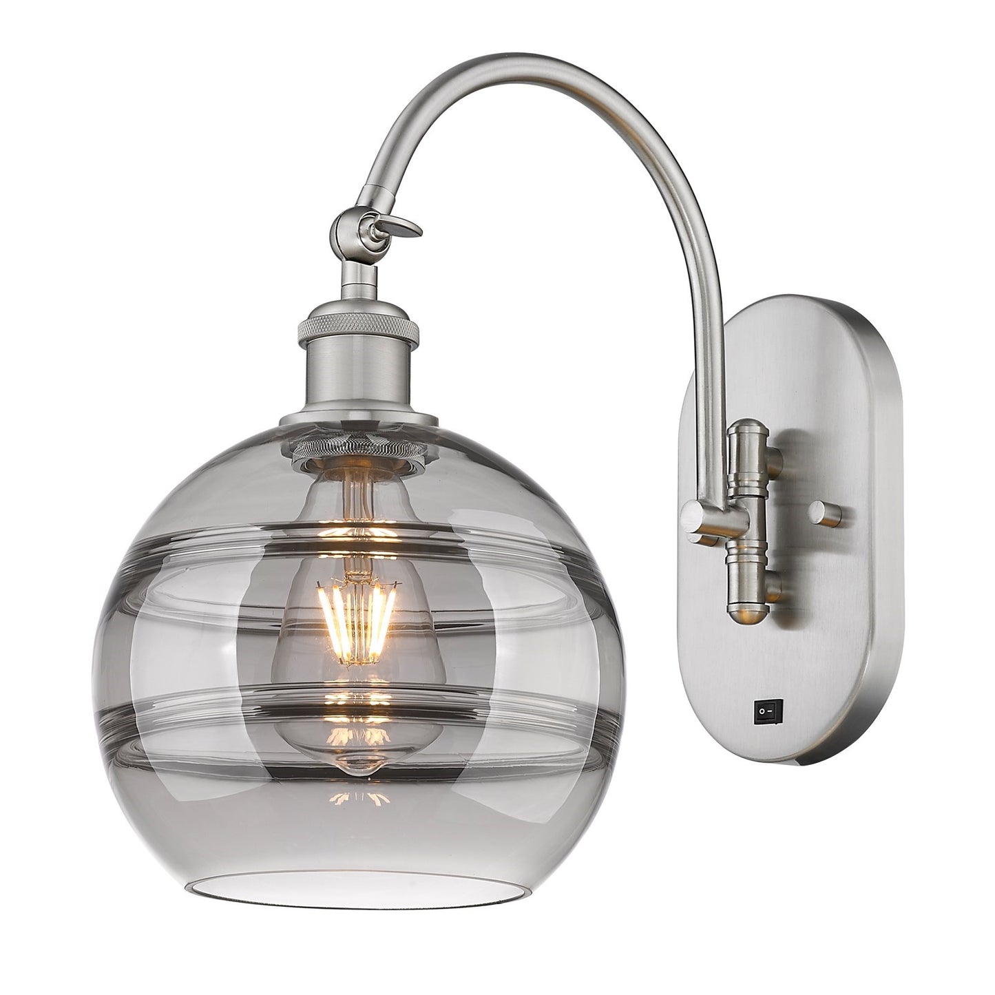 Innovations Rochester 8in 1-Light Wall Sconce | Industrial Brushed Satin Nickel and Light Smoke Glass | Bedroom & Hallway | Model 918-1W-SN-G556-8SM