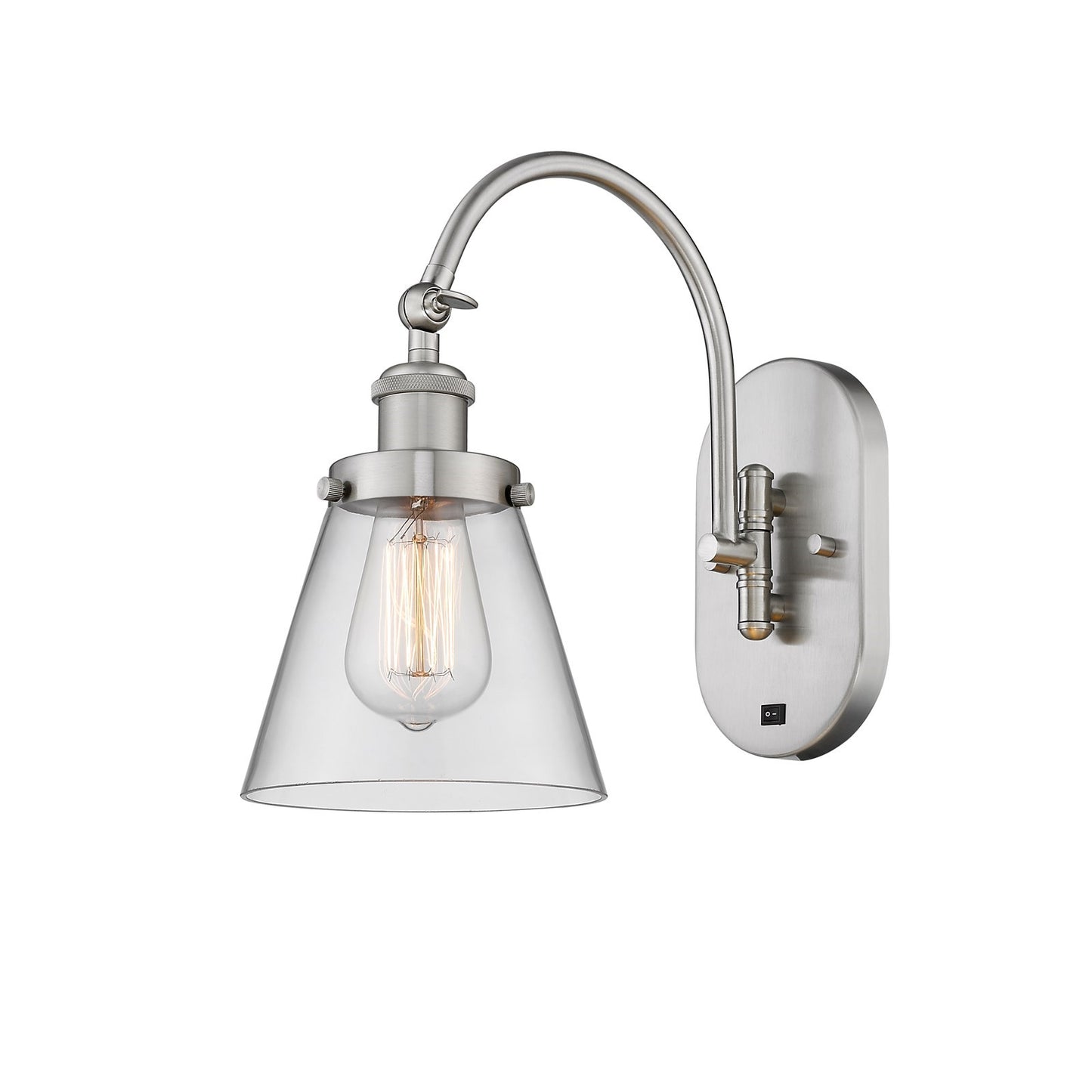 Innovations Cone 6.25in 1-Light Swing Arm Wall Sconce | Industrial Brushed Satin Nickel Steel and Clear Glass | Bedroom & Living | Model 918-1W-SN-G62