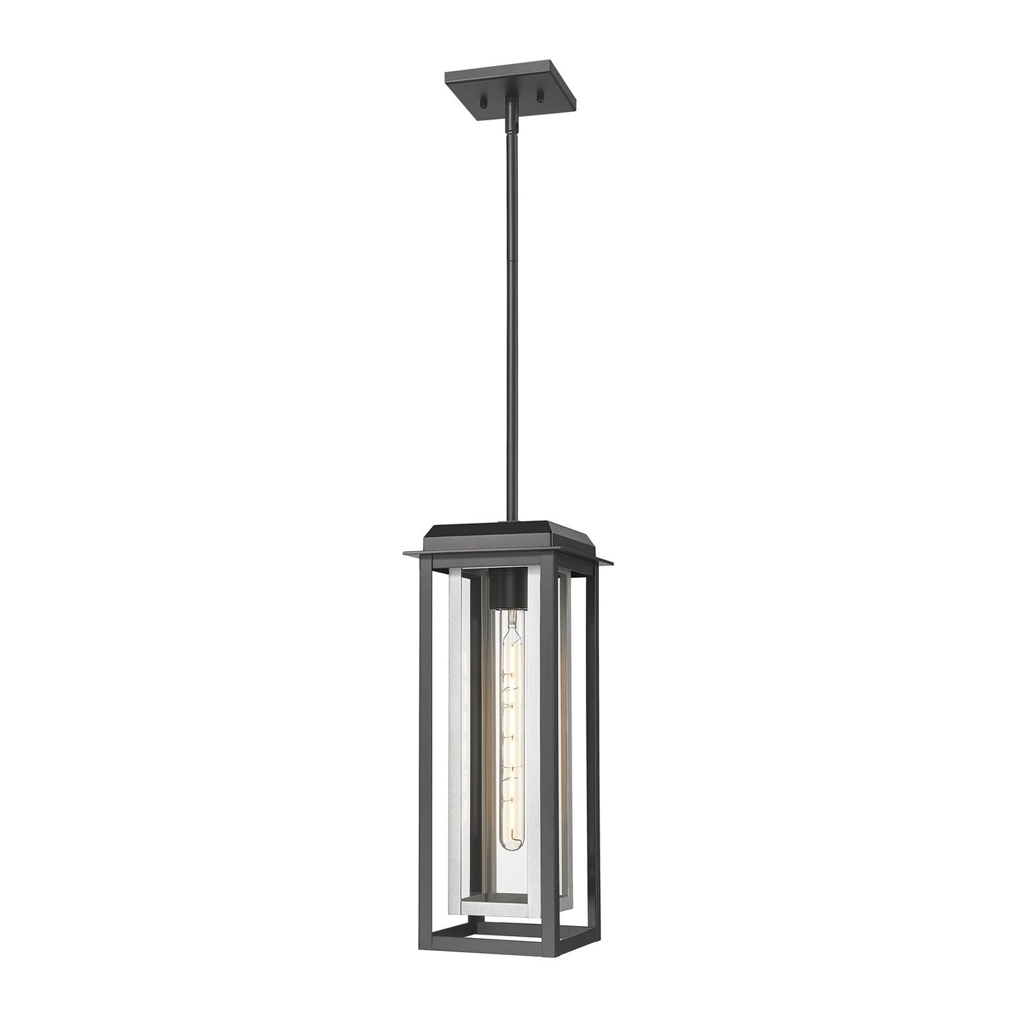 Innovations Mansfield 19in 1-Light Pendant | Industrial Matte Black Aluminum and Silver Inner Cage Clear Glass | Covered | Model 9951-1H-BK-19-CG-SV-CL