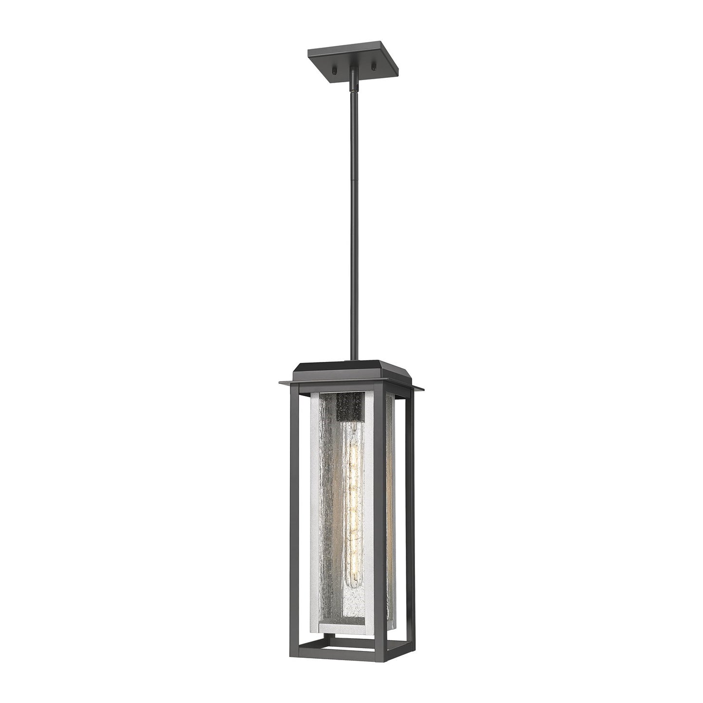 Innovations Mansfield 19in 1-Light Pendant | Industrial Matte Black Aluminum and Silver Inner Cage Seedy Glass | Covered | Model 9951-1H-BK-19-CG-SV-SDY