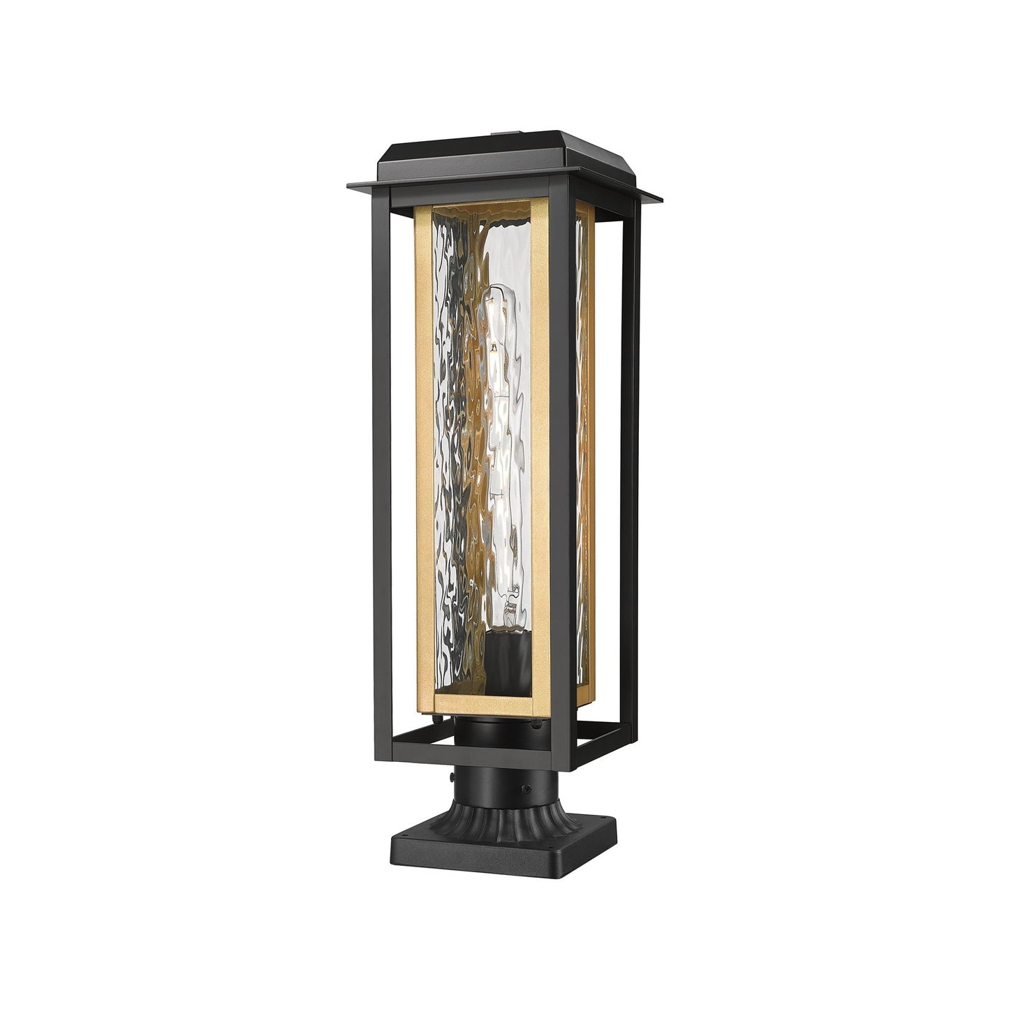 Innovations Mansfield 20in 1-Light Post Light | Contemporary Matte Black Aluminum and Brass Inner Cage Water Glass | Model 9951-1PLT-BK-20-CG-BR-WG
