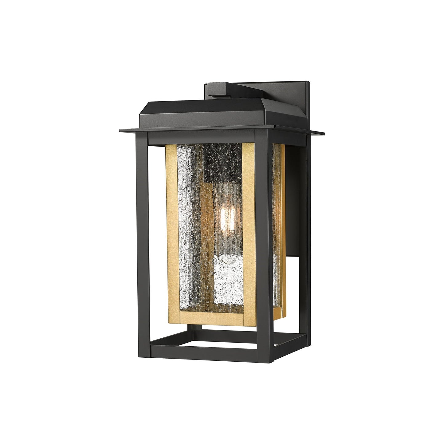 Innovations Mansfield 13in 1-Light Outdoor Wall Sconce | Industrial Matte Black Aluminum and Brass Inner Cage with Seedy | Model 9951-1W-BK-13-CG-BR-SDY