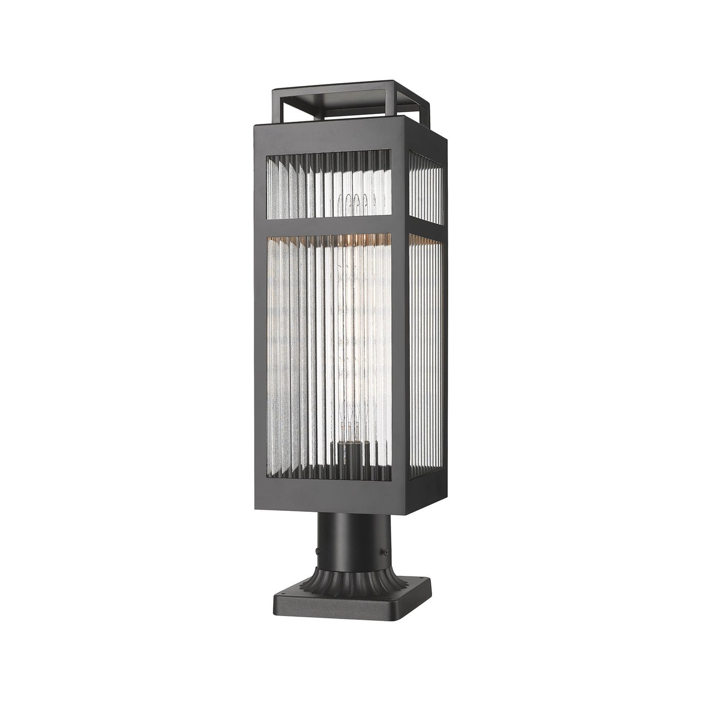 Innovations Ridgeway 7in 1-Light Post Lantern | Matte Black Aluminum and Striped Clear Glass | Pathway & Garden | Model 9953-1PLT-BK-20-SCL