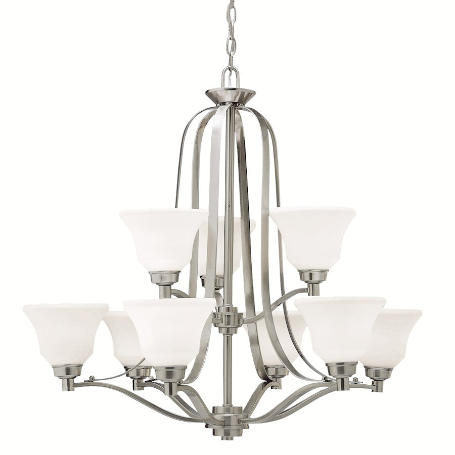 Kichler Langford 33in 9-Light Chandelier | Transitional Brushed Nickel and Satin Etched White Glass | Large Dining Room & Foyer | Model 1784NI