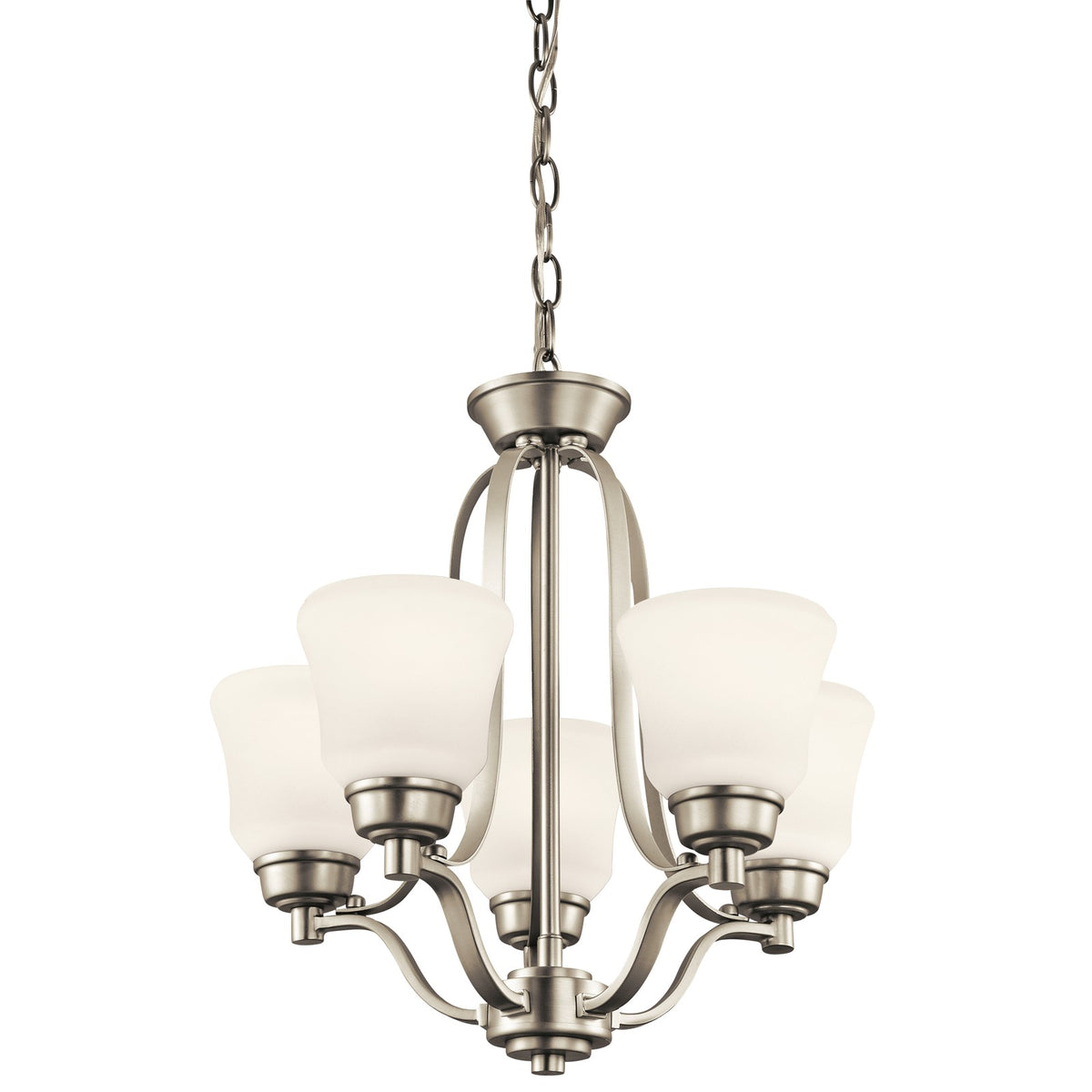 Kichler Langford 16in 5-Light Mini Chandelier | Transitional Brushed Nickel and Satin Etched White | Dining Room & Kitchen Island | Model 1788NI