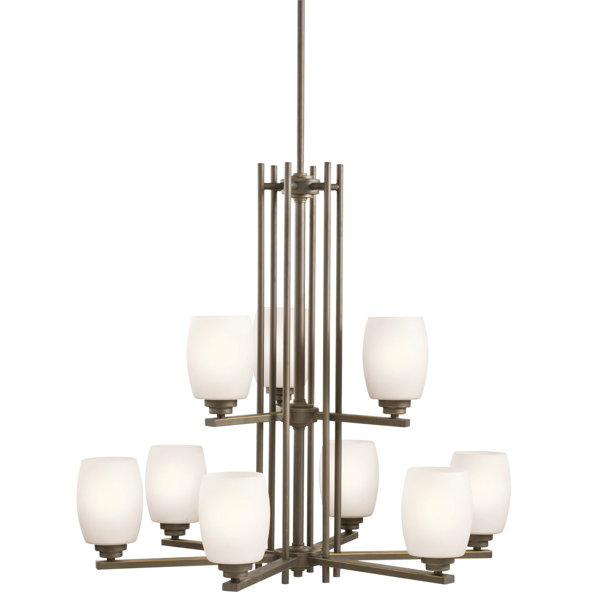 Kichler Eileen 30in 9-Light Chandelier | Contemporary Olde Bronze and Satin Etched Cased Opal Glass | Dining Room & Foyer | 30 x 28 in | Model 1897OZS