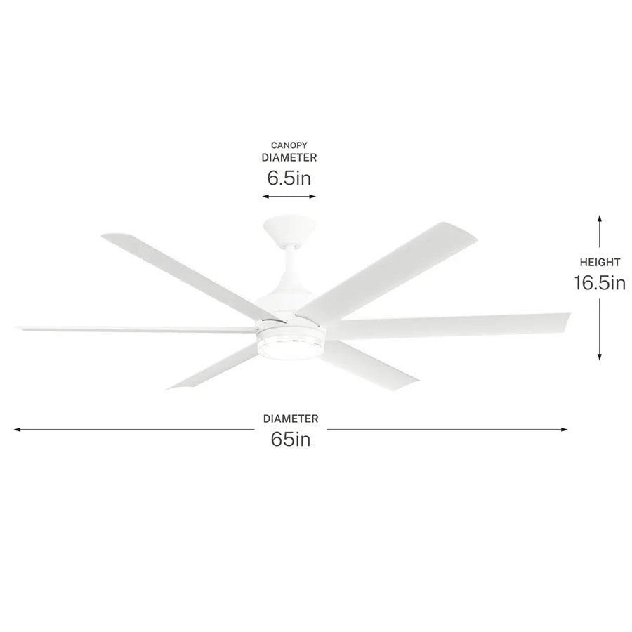 Kichler Solen 65in 6-Blade Ceiling Fan | Modern Matte White Steel with Integrated LED | Wet-Rated for Covered Patios & Outdoor | Model 310065-MWH