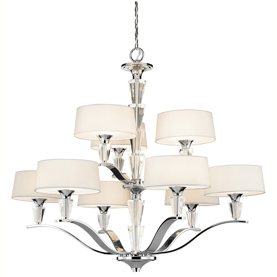 Kichler Crystal Persuasion 37in 9-Light Chandelier | Transitional Chrome and White Linen Fabric Shades | Dining Room & Foyer | Model 42031CH
