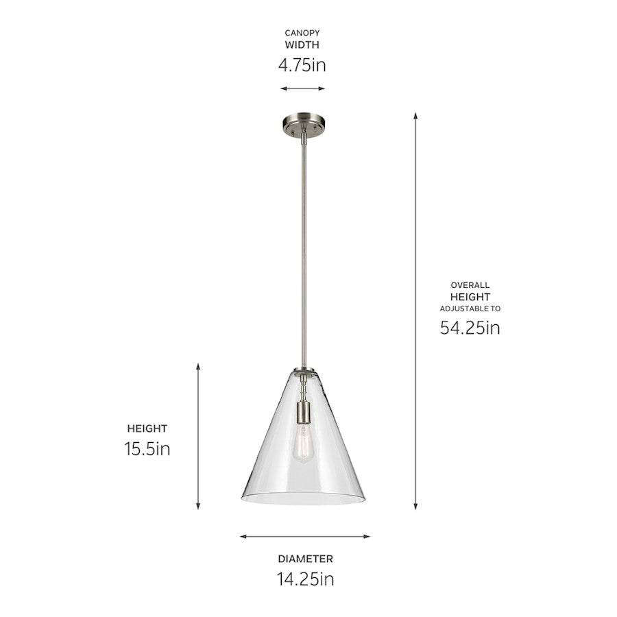 1 Light Cone 15.5" Pendant, Brushed Nickel