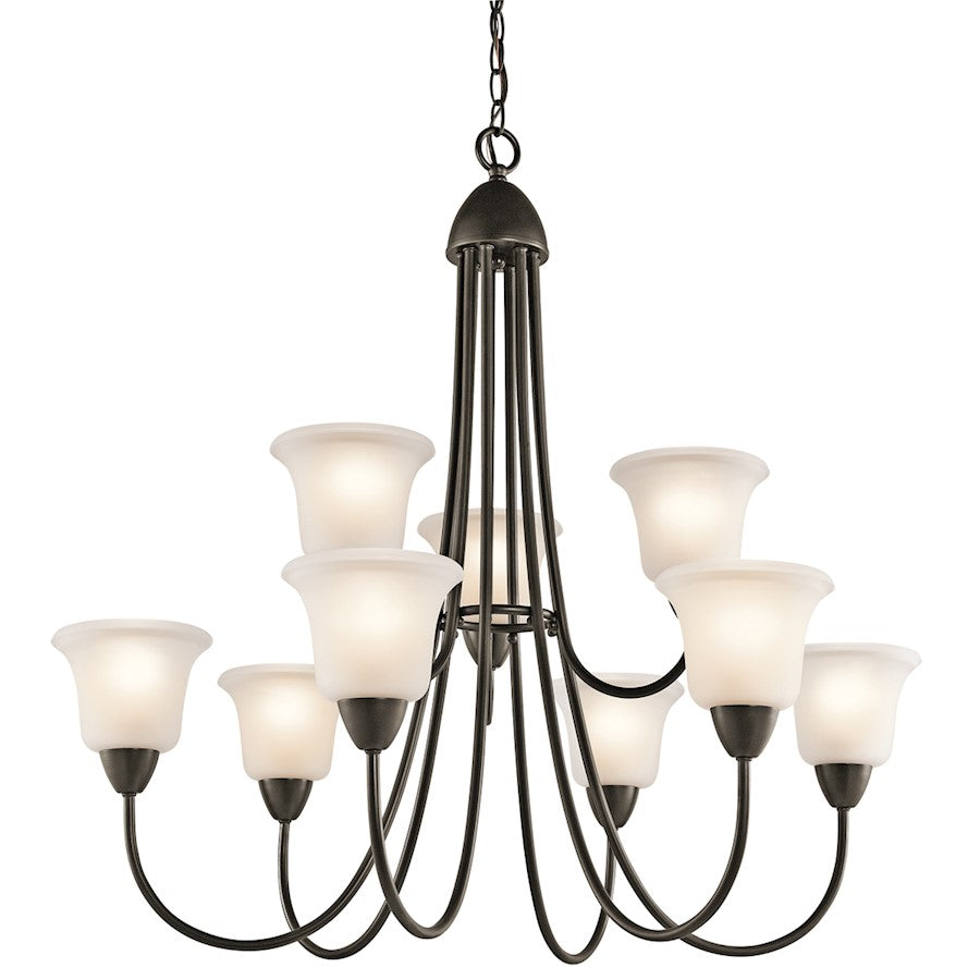 Kichler Nicholson 34in 9-Light Chandelier | Transitional Olde Bronze and Satin Etched Glass | Dining Room & Living Room | Model 42885OZ