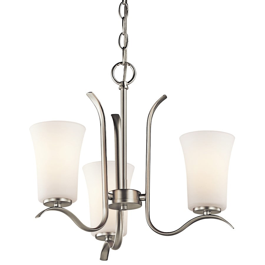 Kichler Armida 18in 3-Light Mini Chandelier | Transitional Brushed Nickel and Satin Etched White Glass | Dining Room & Kitchen Island | Model 43073NI