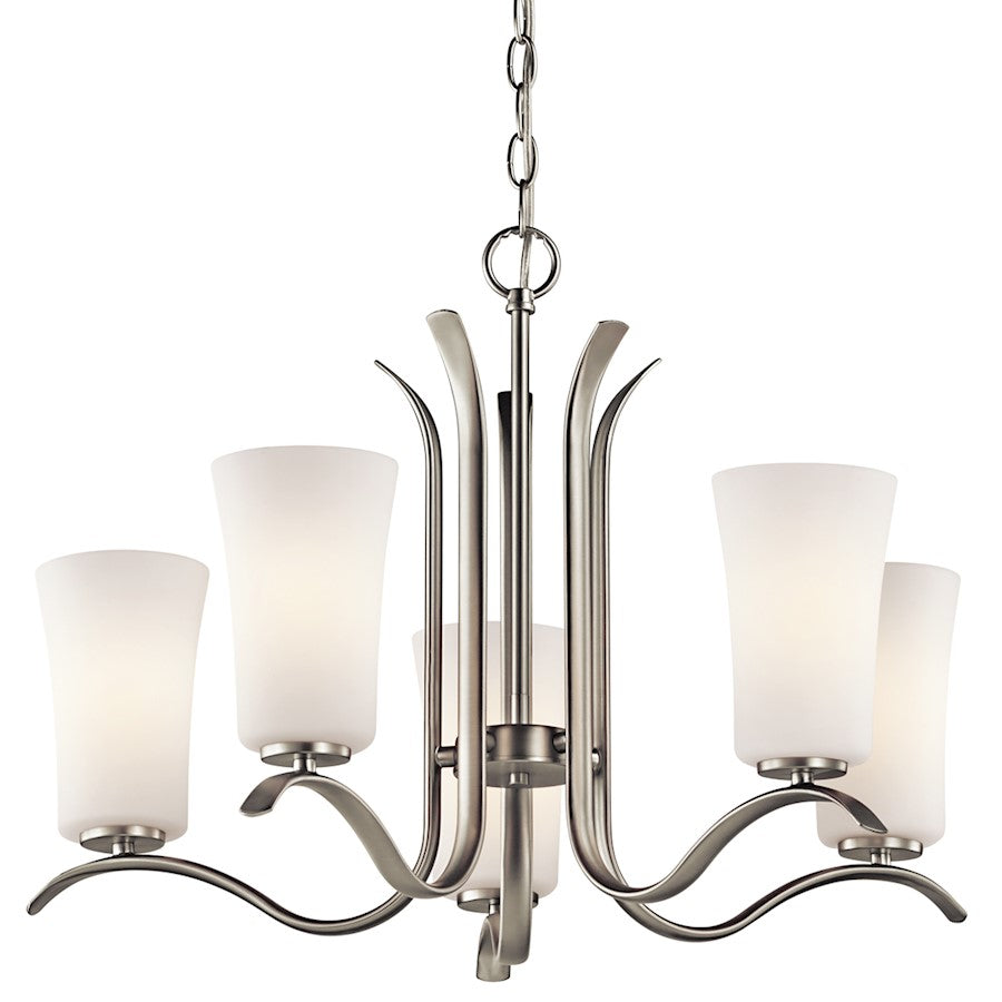 Kichler Armida 25in 5-Light Chandelier | Transitional Brushed Nickel and Satin Etched White Glass | Dining Room & Living Room | Model 43074NI