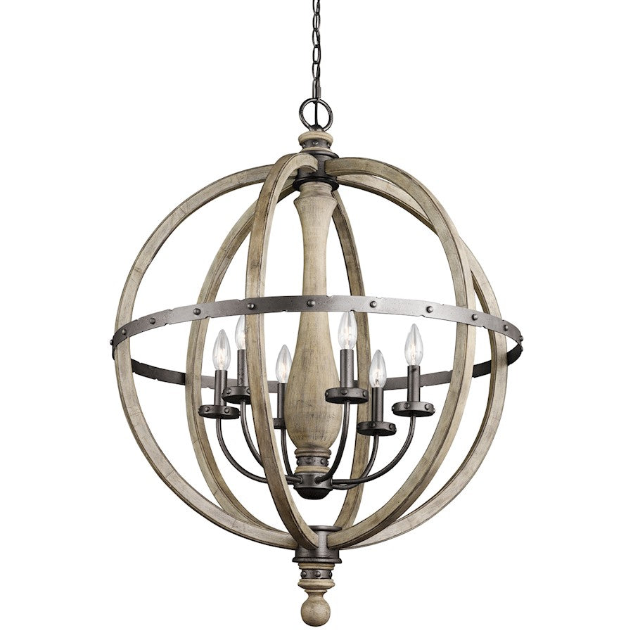 Kichler Evan 6-Light Chandelier | Rustic Distressed Antique Gray Wood and Anvil Iron | Dining Room & Great Room | 28.5 x 37.25 in | Model 43327DAG
