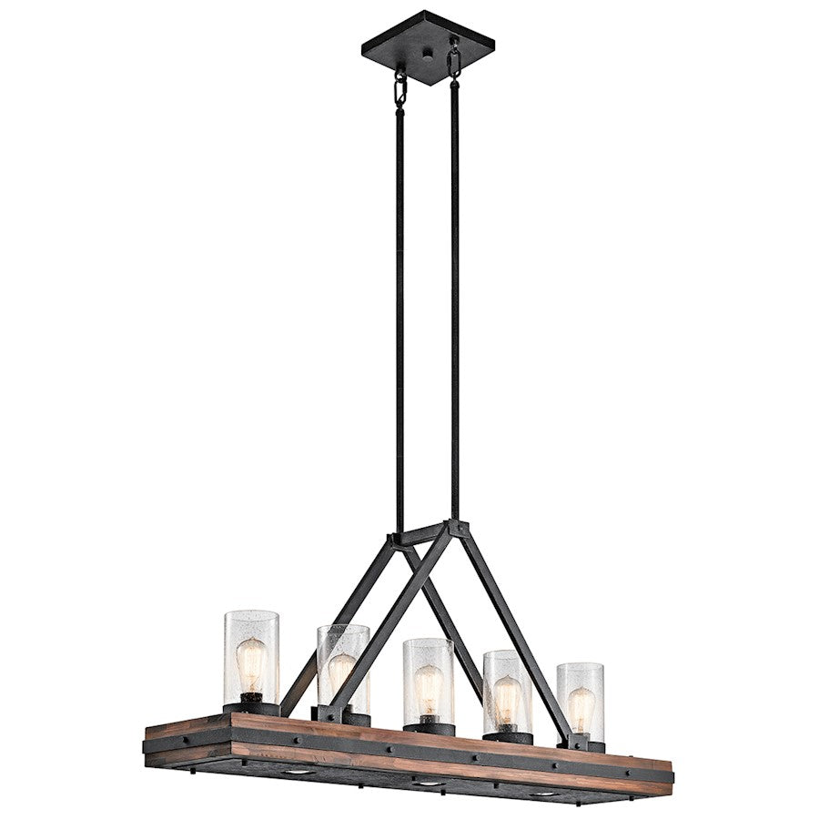 Kichler Colerne 46in 5-Light Linear Chandelier | Rustic Auburn Stained Wood and Clear Seeded Glass | Dining Room & Loft | Model 43491AUB