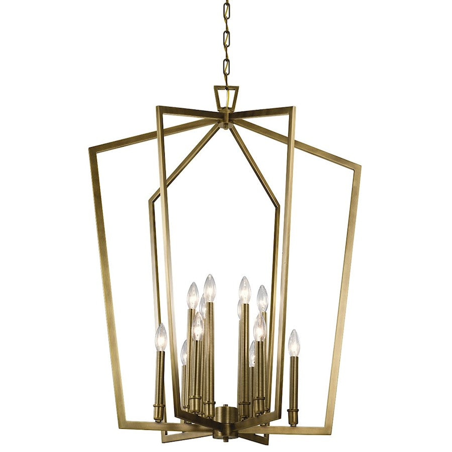 12 Light Foyer Chandelier, Natural Brass