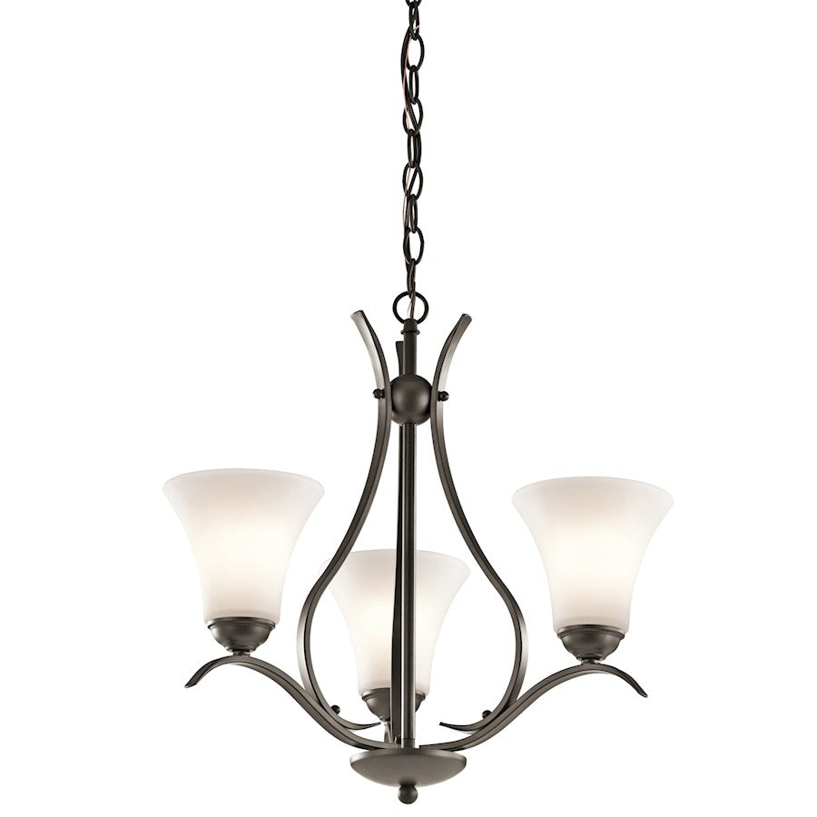 Kichler Keiran 20in 3-Light Chandelier | Transitional Olde Bronze and Satin Etched White Glass | Dining Room & Living Room | Model 43503OZ