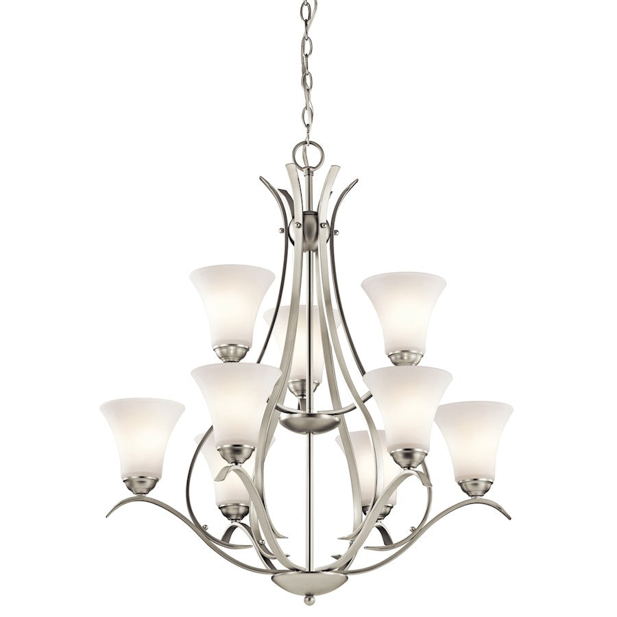 Kichler Keiran 29in 9-Light Chandelier | Brushed Nickel and Satin Etched White Glass | Dining Room & Living Room | 29 x 29 x 33.25 in | Model 43506NI