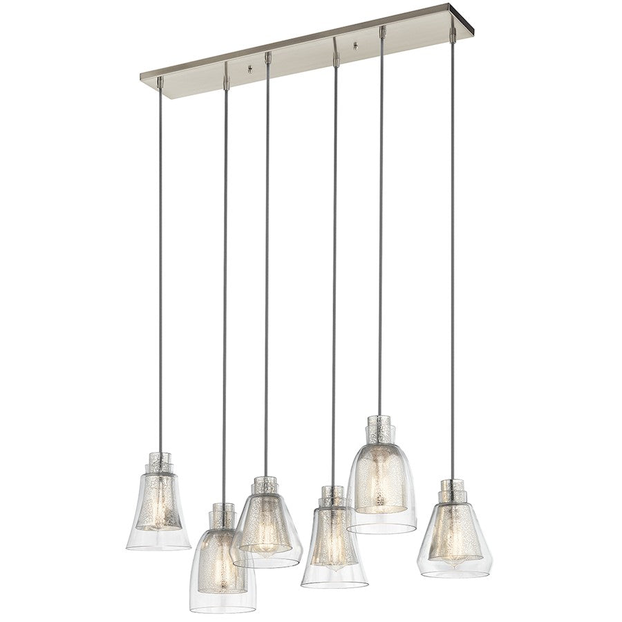 Kichler Evie 34in 6-Light Linear Chandelier | Transitional Brushed Nickel and Clear Outer Mercury Glass | Kitchen Island | Model 43628NI