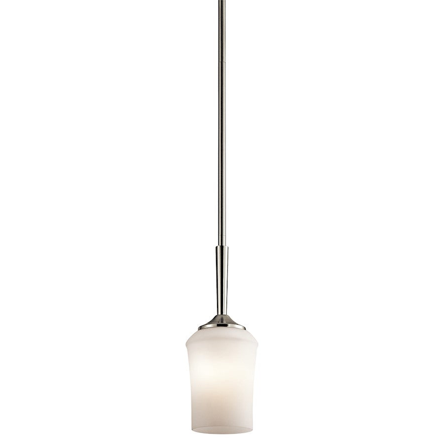 Kichler Aubrey 5in 1-Light Mini Pendant | Transitional Brushed Nickel and Satin Etched Cased Opal Glass | Kitchen Island & Dining | Model 43668NI
