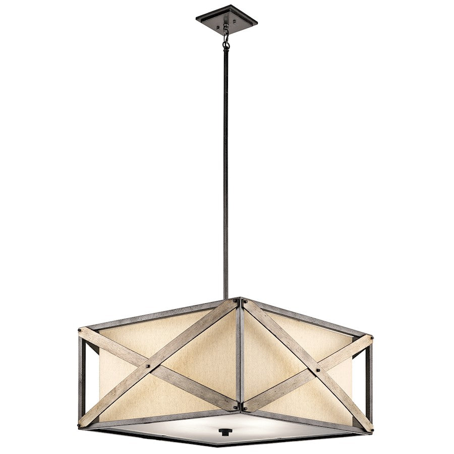 Kichler Cahoon 26in 4-Light Convertible Pendant/Semi-Flush | Anvil Iron and Beige Linen | Rustic Dining Room & Kitchen Island | Model 43776AVI