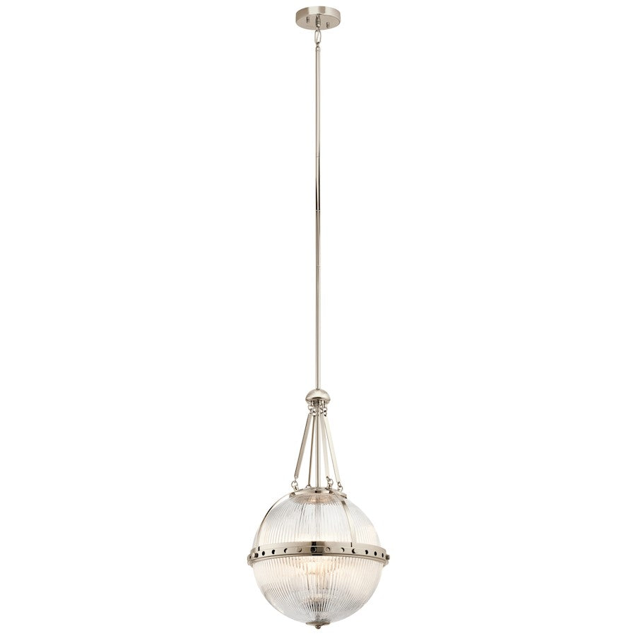 Kichler Aster 15in 3-Light Pendant | Transitional Polished Nickel and Clear Ribbed Halophane Glass | Kitchen Island & Dining Room | Model 43968PN