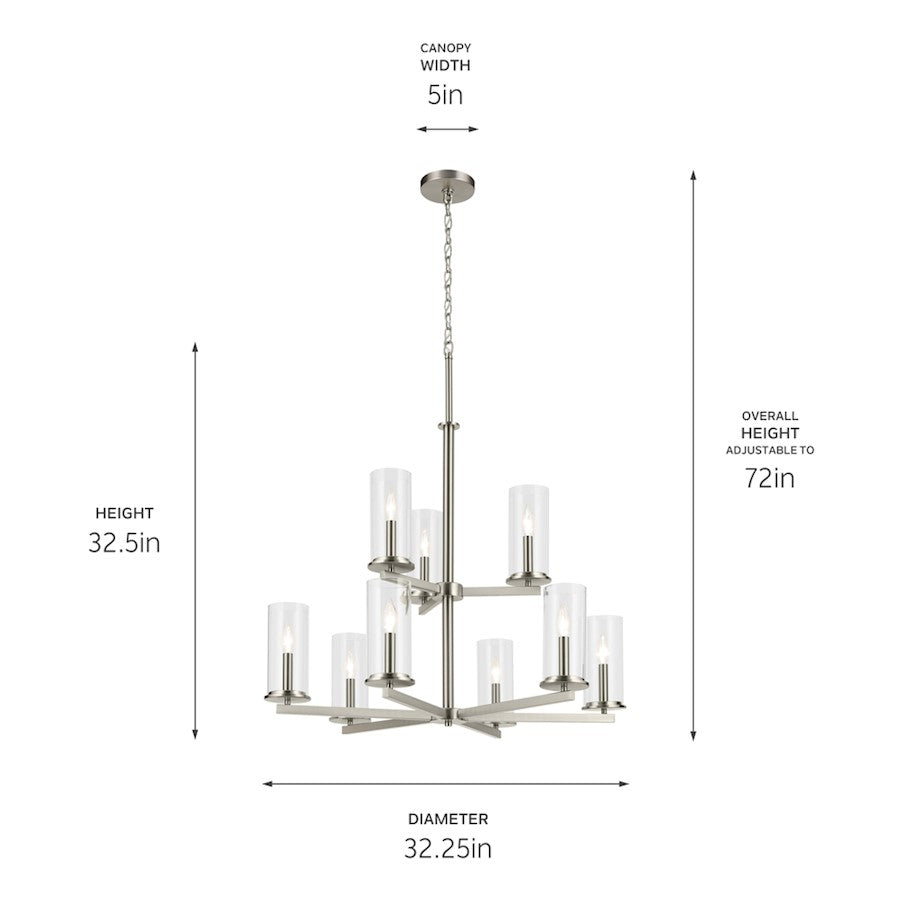 9 Light 32.5" Large Chandelier, Nickel