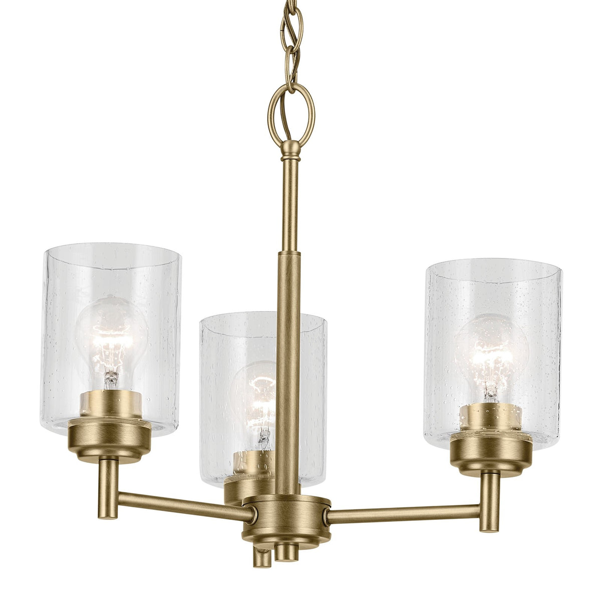 Kichler Winslow 18in 3-Light Mini Chandelier | Industrial Natural Brass and Clear Seeded Glass | Kitchen Island & Dining Nook | Model 44029NBR