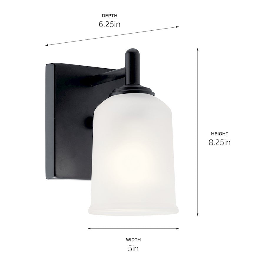 Kichler Shailene 8.25in 1-Light Wall Sconce | Modern Black Steel and Satin Etched Glass | Hallway & Bedroom Accent | 5 x 6.25 x 8.25 in | Model 45572BK