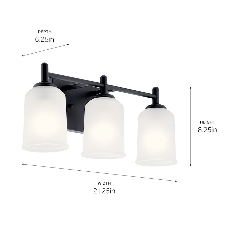 Kichler Shailene 21in 3-Light Vanity Light | Black Steel & Satin Etched Glass | Bathroom & Powder Room Fixture | 3x100W Incandescent, Damp | Model 45574BK