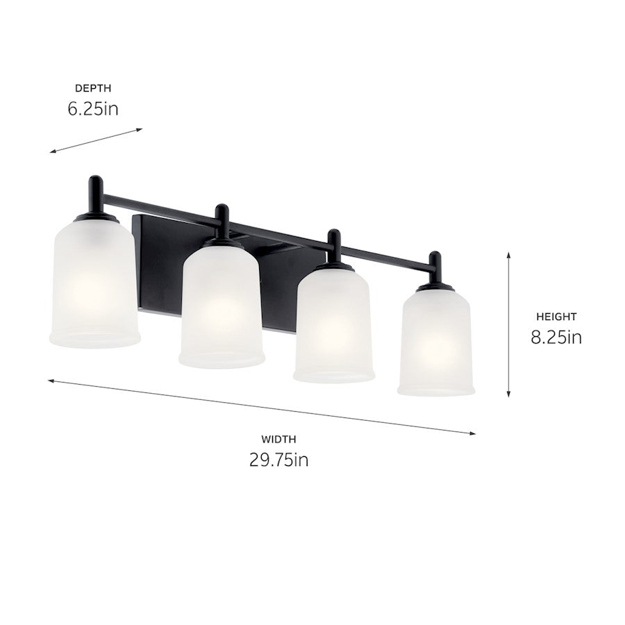 Kichler Shailene 29.5in 4-Light Vanity Light | Modern Black Steel & Satin Etched Glass | Bathroom Damp-Rated Vanity Light | 4x100W | Model 45575BK