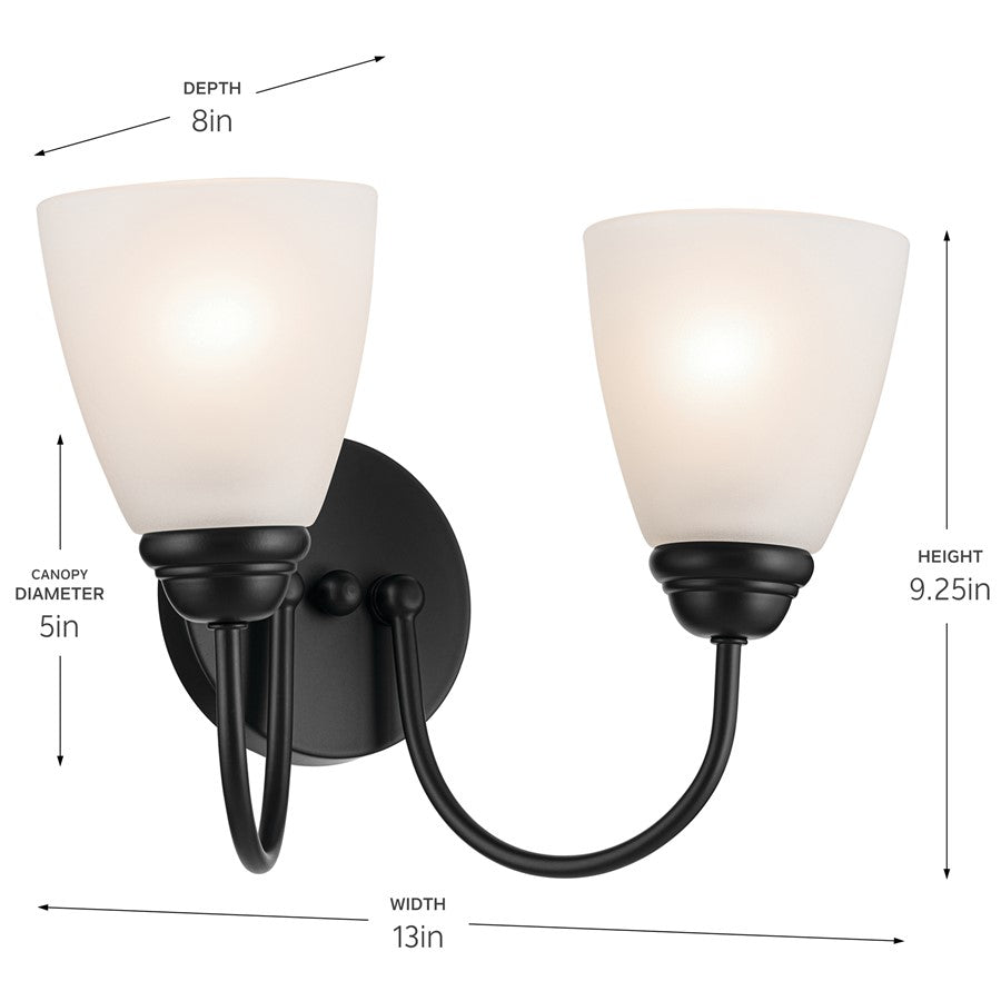 Kichler Jolie 13in 2-Light Vanity Light | Traditional Black Steel & Clear Satin Etched Glass | Bathroom Vanity & Powder Room Lighting | Model 45638BK
