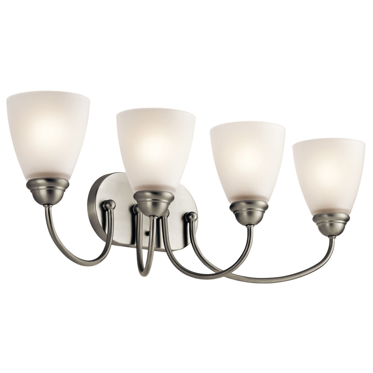 Kichler Jolie 28in 4-Light Bath Vanity Light | Brushed Nickel and Satin Etched Glass | Bathroom Vanity | 28 x 9 x 8 in | Model 45640NI