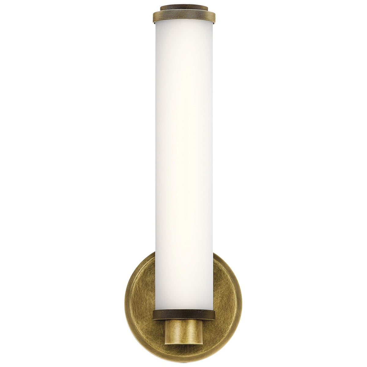 Kichler Indeco 14.5in 1-Light Wall Sconce | Industrial Natural Brass and Satin Etched White Glass | Hallway & Dining Room | Model 45686NBRLED