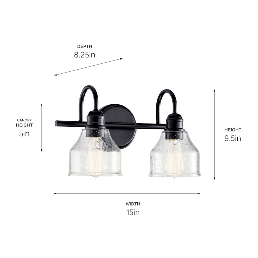Kichler Avery 15in 2-Light Vanity Light | Industrial Black Steel & Clear Seeded Glass | Bathroom Vanity Light | 75W Each, E26, Dimmable | Model 45972BK