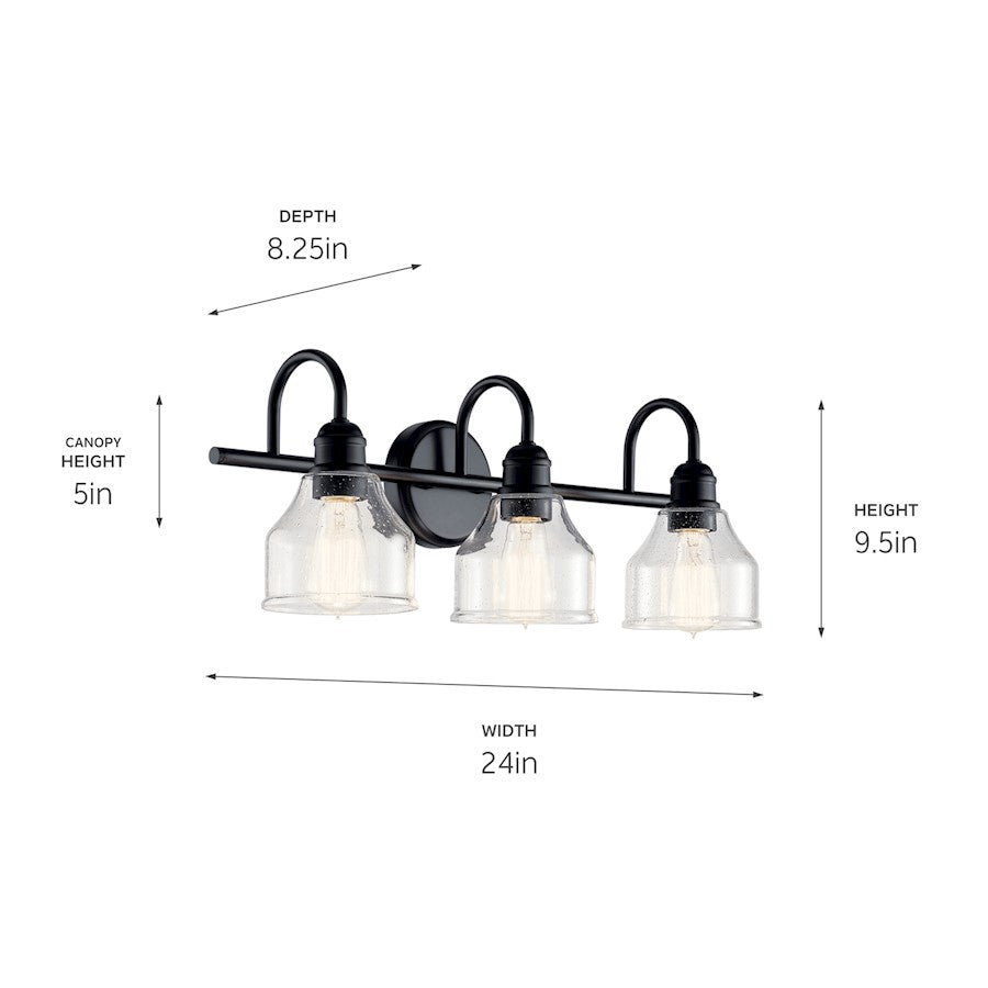 Kichler Avery 24in 3-Light Vanity Light | Industrial Black and Clear Seeded Glass | Bathroom Vanity & Powder Room | 24 x 9.5 x 8.25 in | Model 45973BK