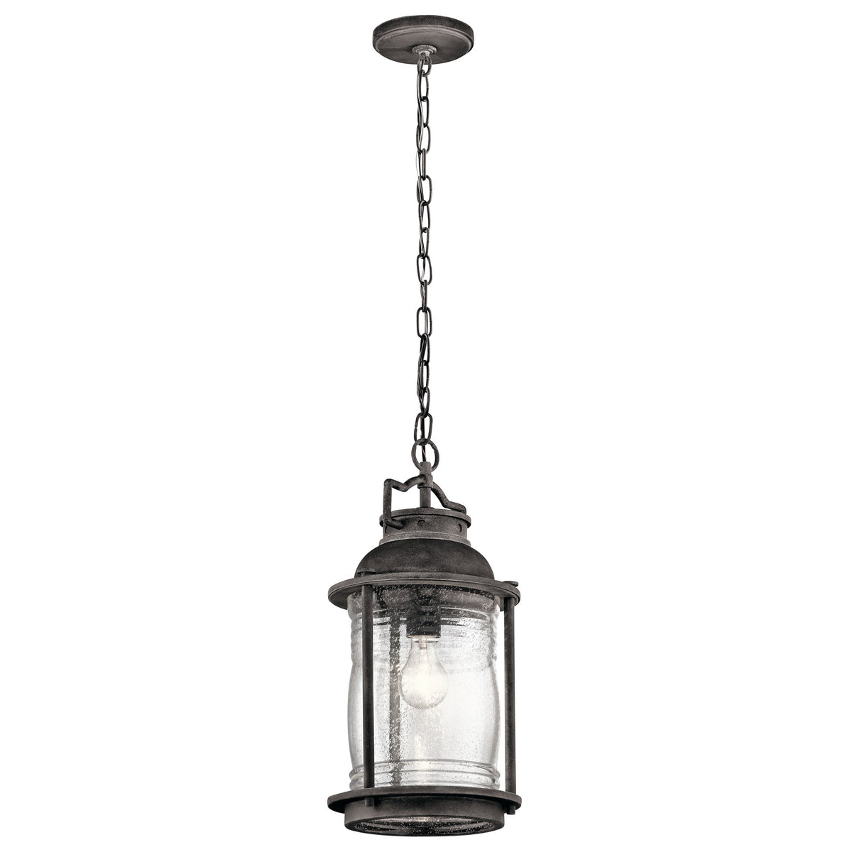 Kichler Ashland Bay 9in 1-Light Outdoor Pendant | Transitional Weathered Zinc and Clear Seeded Ribbed Glass | Covered Porch | Model 49572WZC