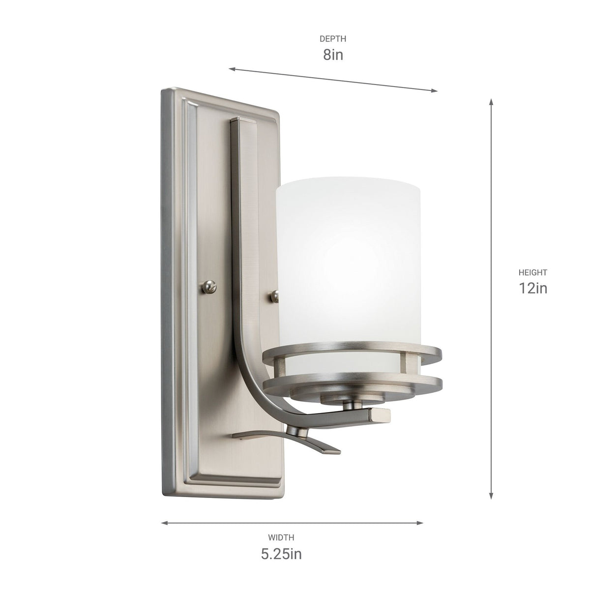 Kichler Hendrik 12in 1-Light Wall Sconce | Brushed Nickel and Satin Etched Opal Glass | Bathroom & Hallway | 5.25 x 12 in | Model 5076NI