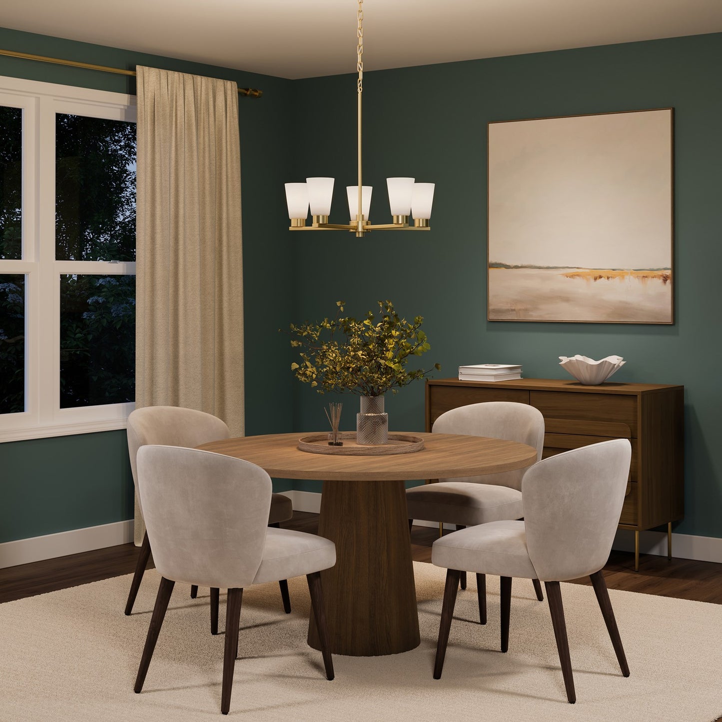 Kichler Stamos 24in 5-Light Chandelier | Modern/Contemporary Brushed Gold Steel and Clear Satin Etched Glass | Dining Room & Living Room | Model 52436BG