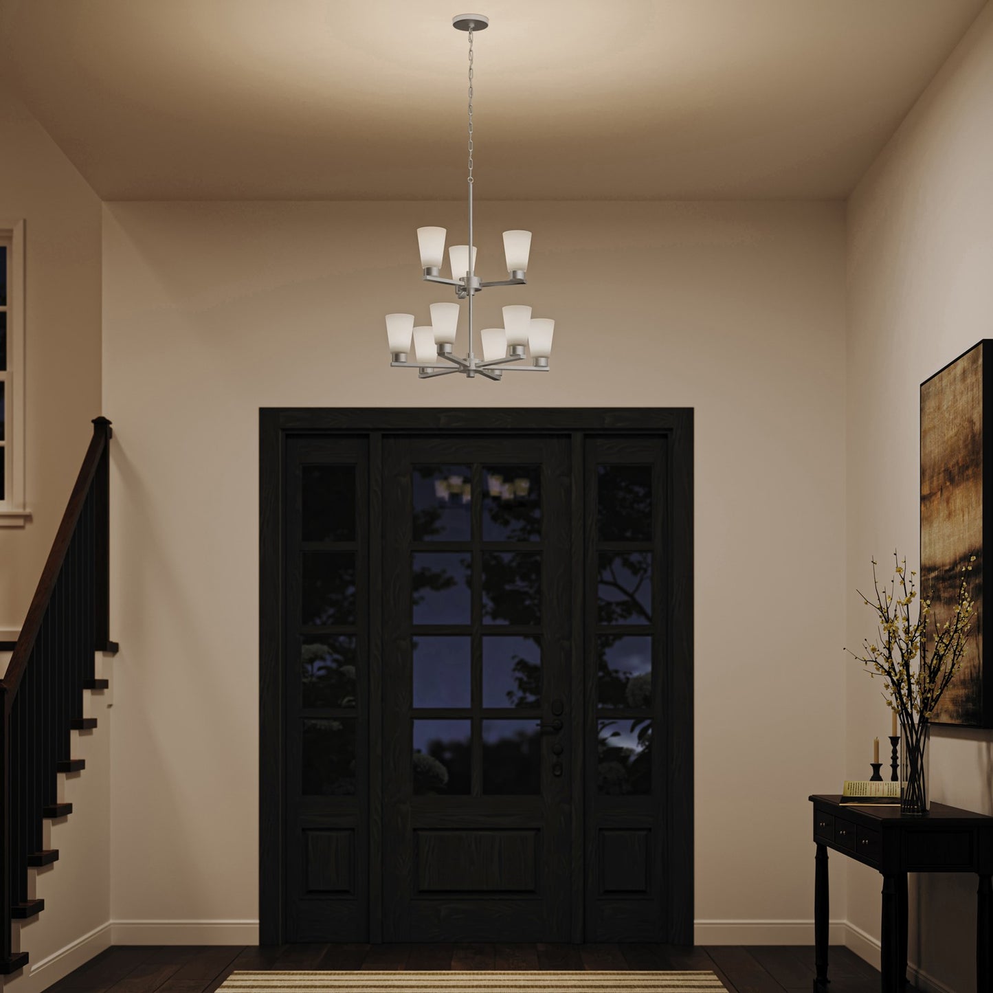 Kichler Stamos 24in 9-Light Chandelier | Modern Brushed Nickel Steel and Satin Etched Glass | Dining Room & Living Room | 27in H | Model 52438NI