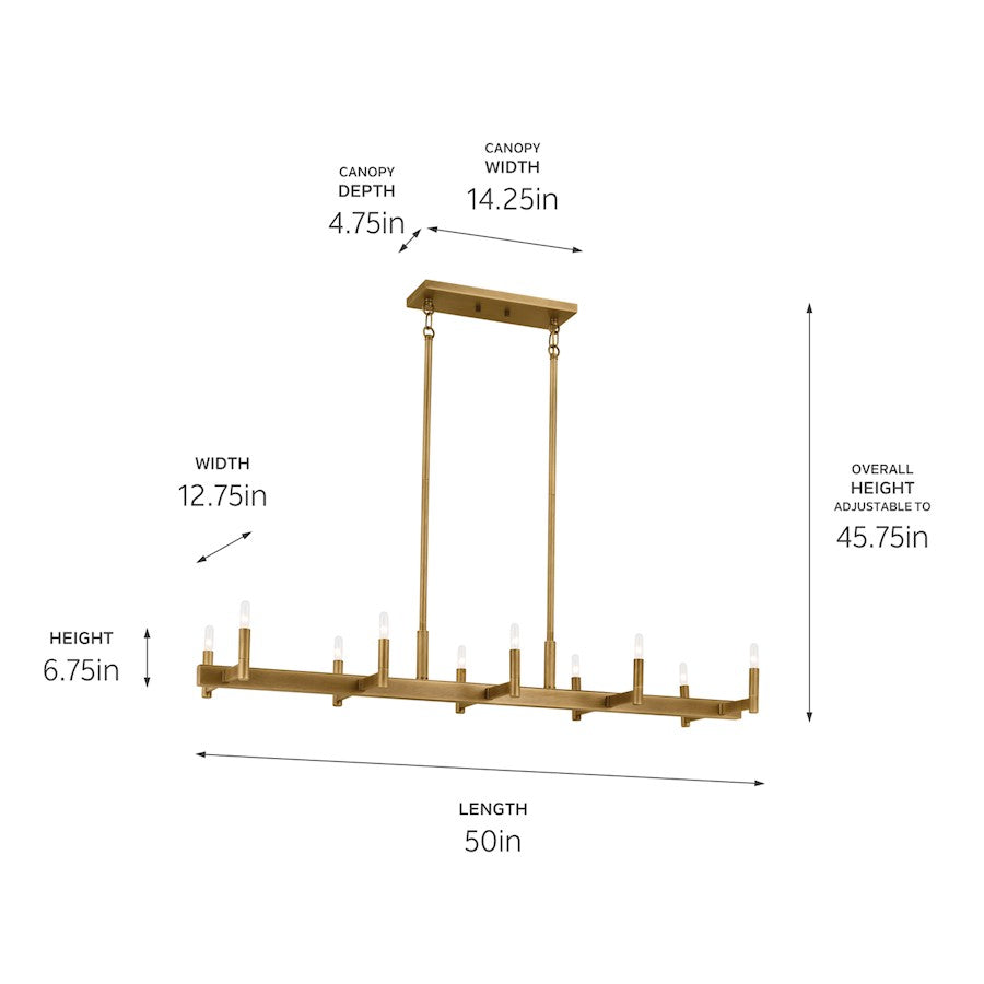 Kichler Erzo 50in 10-Light Linear Chandelier | Mid-Century Modern Natural Brass Steel | Kitchen Island & Dining Room | Model 52614NBR